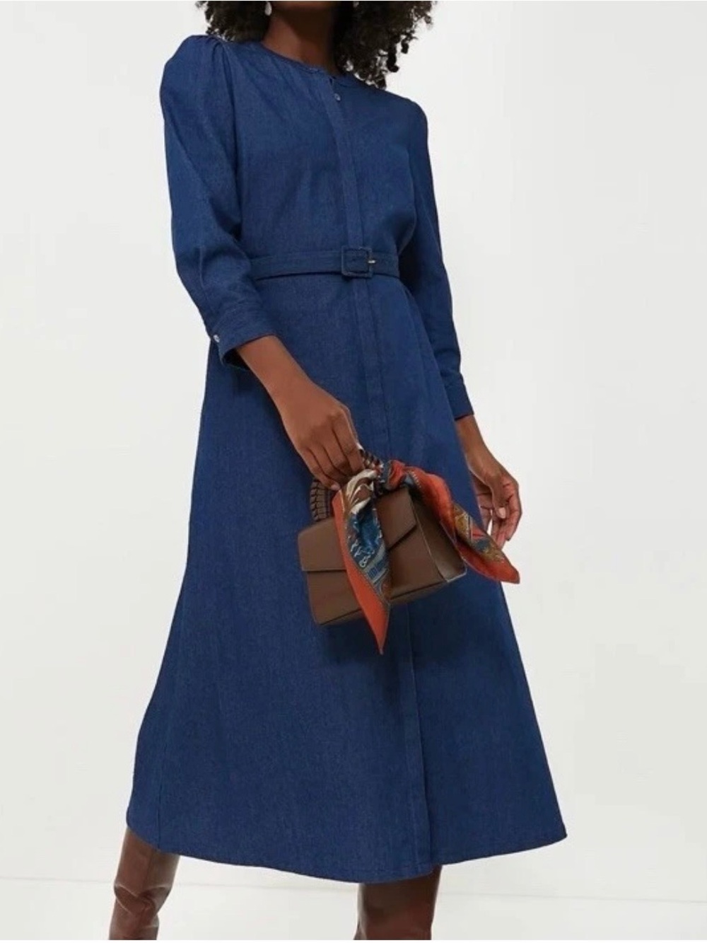 Tuckernuck Denim Catherine Dress Belted Midi Collarless Women's Small